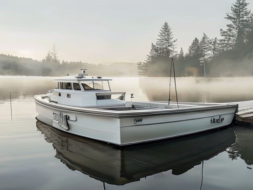 Aluminum fishing boat moored to a modular floating dock at sunrise