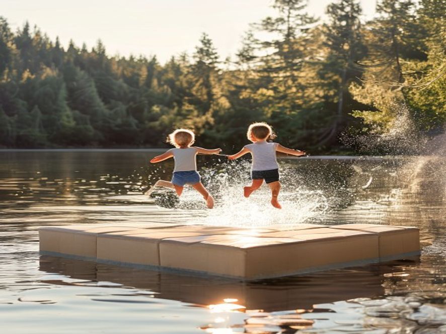 Children jumping off a modular floating dock into a calm lake