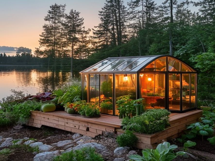Backyard greenhouse with plants in warm evening light