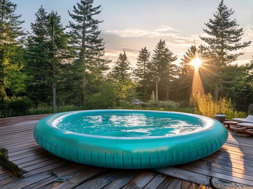 Premium inflatable pool in a landscaped Canadian backyard