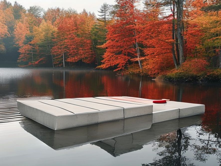 Floating dock on a calm lake surrounded by autumn colours