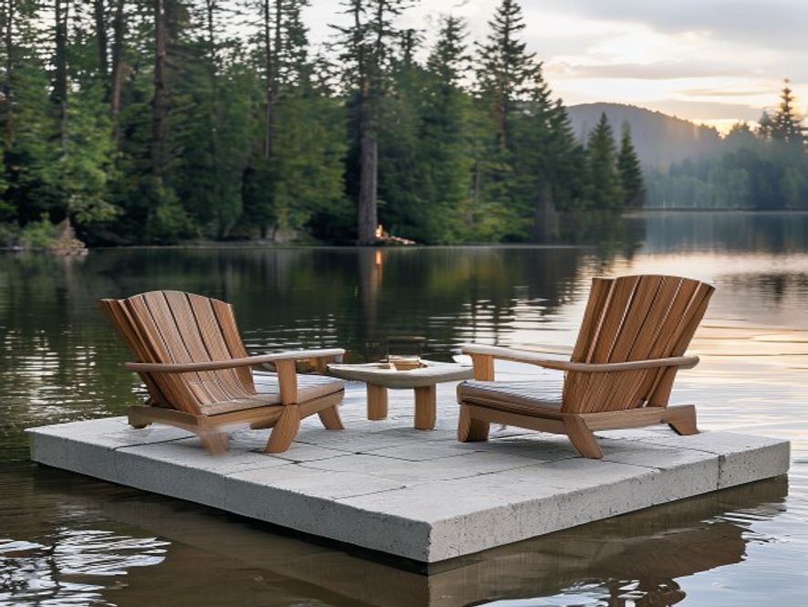 Two Muskoka chairs on a modular floating dock at dusk